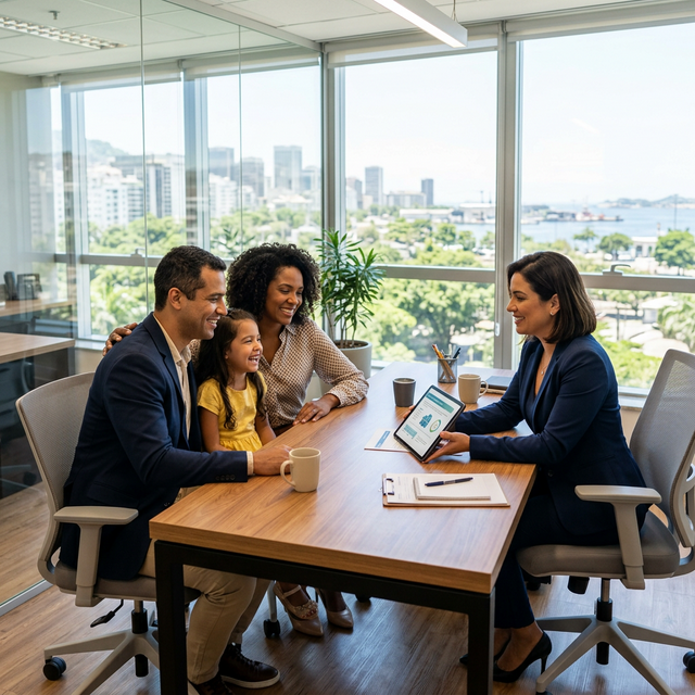 Família feliz com consultora de saúde